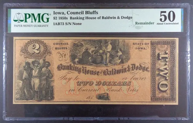 185_ Council Bluffs, IA - Banking House of Baldwin & Dodge $2 Note, PMG AU 50.