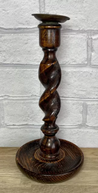 Vintage Oak Wood Barley Twist Candlesticks Candle Holder Sconce Brass Used