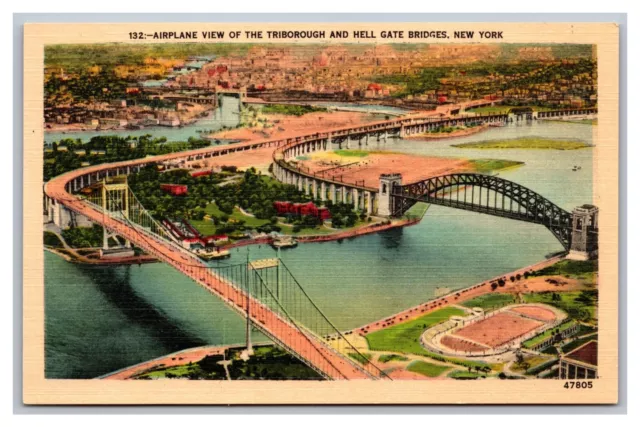 New York City NY Airplane View Triborough & Hell Gate Bridges Linen Postcard