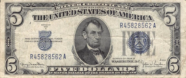 1934-D $5 Silver Certificate Blue Seal Dollar Bill (PM102)