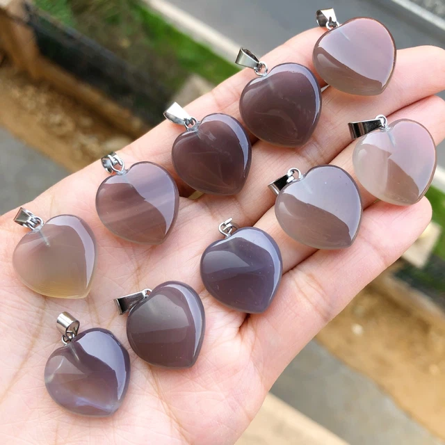 10pcs Grey Agate Gems Stone Heart Pendants Chakra Reiki Healing Amulet
