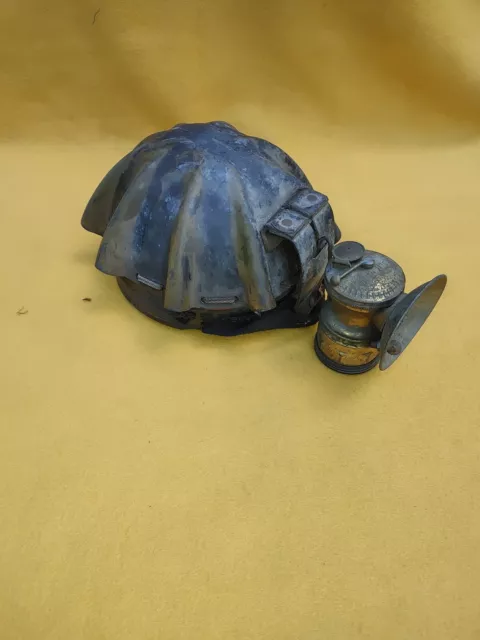 Vintage Miners Helmet Turtle Top Safety Hard Hat w/Carbide Lantern Antique