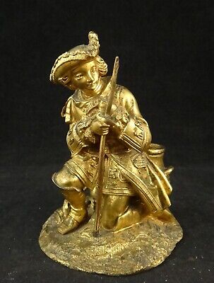 Antique French gilt bronze figure of a hunter/soldier bud vase.  3 7/8” tall