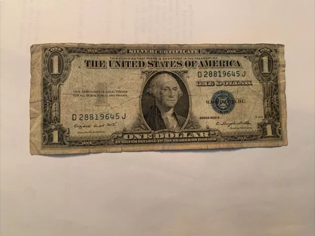 Vintage One Dollar Series 1935-G Silver Certificate Bill Washington Blue Seal 