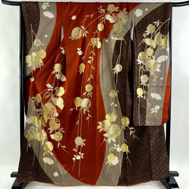 Japanese kimono SILK"FURISODE" long sleeves, Gld/SIL leaves, SAKURA,L5' 5"..3551