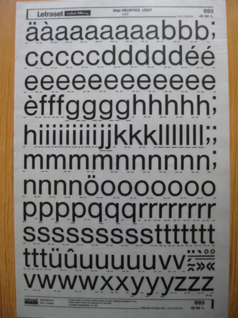 1 x Letraset Lower Case  HELVETICA LIGHT  84pt  23.7mm  Sheet 693   (bb)