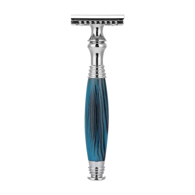 Seguridad para hombres Doble Borde Mango Largo + Kit de Cepillo de Afeitado + Soporte Azul NUEVO