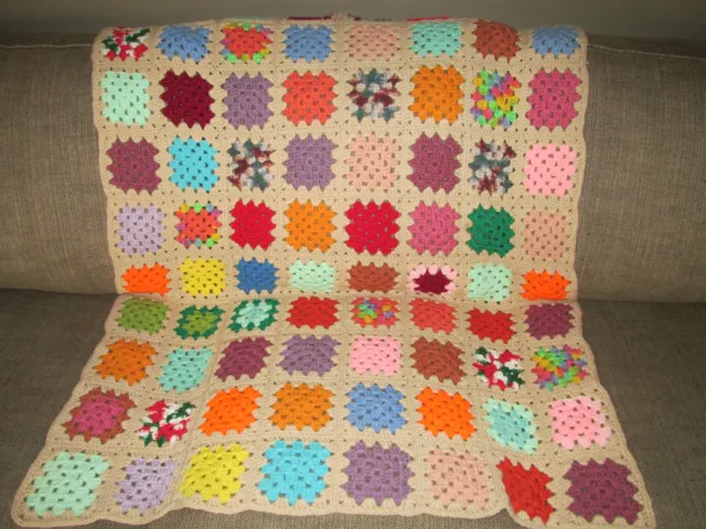 Handmade Tan Granny Square Lap Size Afghan 43" x 24" Throw Blanket