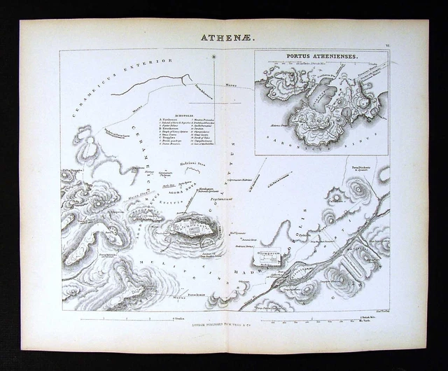 1857 Findlay Map - Athens  Acropolis Parthenon Portus Athenienses Ancient Greece