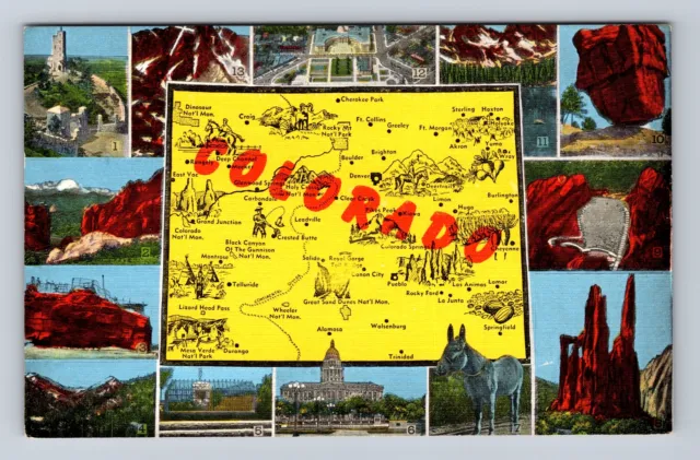 CO-Colorado, Aerial Of Map And Landmarks, Antique, Vintage Postcard