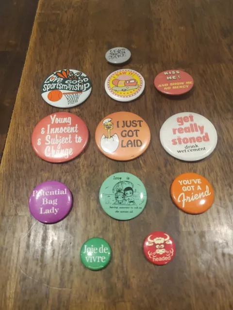 Vintage 1980-90s Button Pin Pinback Lot of 12 Joke Sayings Fun Sassy