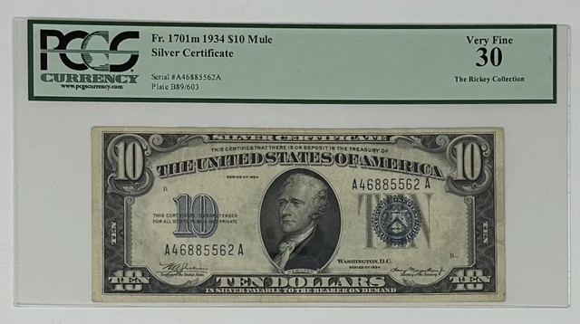1934  $10 Silver Certificate PCGS 30 Very Fine Blue Seal “The Rickey Collection”