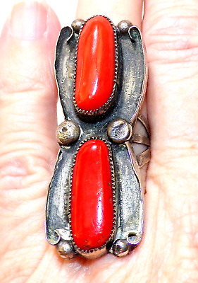 GORGEOUS OLD PAWN Navajo Sterling SILVER & OX BLOOD CORAL Ring SZ 7 & 12.2 GRAMS