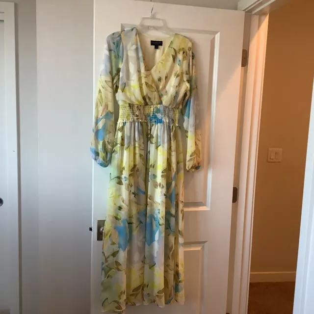 NWT LAUNDRY BY SHELLI SEGAL Floral Long Sleeve Maxi Dress, Size 4 Yellow Chiffon