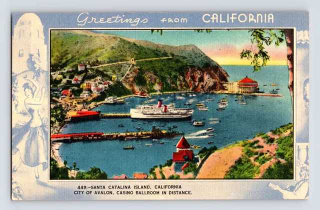 Postcard California Santa Catalina CA Aerial Harbor View 1940s Unposted Linen