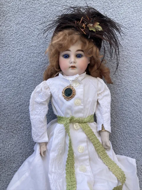 16”Antique Bisque Head German Character Redhead Girl Doll with Feathered Hat