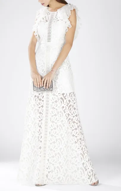 New Bcbg Max Azria Off White Geanna Lace-Blocked Gown Lcc63D80/L508W Sz 6