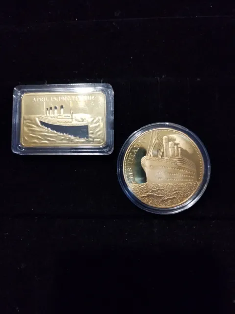 House clearance titanic memorabilia set gold layered bar & coin  brand new 2