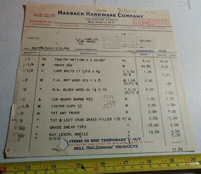 Vintage 1949 Masback Hardware Company New York Advertising Letterhead Receipt