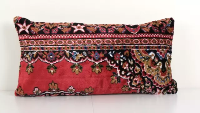 Turkish Red Velvet Lumbar Pillow Cover, Handmade Cushion Cover 12'' x 24''