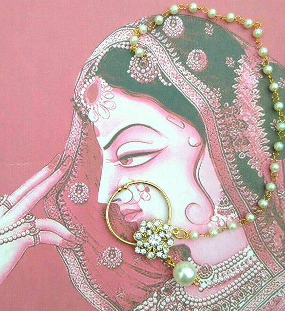 South Indian Nathni Goldplated Ethnic Wedding Long Chain Nose Ring Women Jewelry