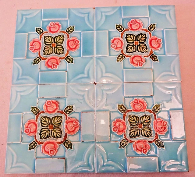 VINTAGE TILE  SAJI JAPAN ART NOUVEAU MAJOLICA ARCHITECTURE COLLECTABLES 4 Pc LOT