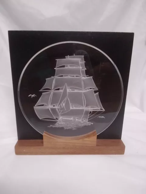 Vtg 7" Acrylic 3D Nautical Sailing Ship Disc On Wooden 8" Stand/Base