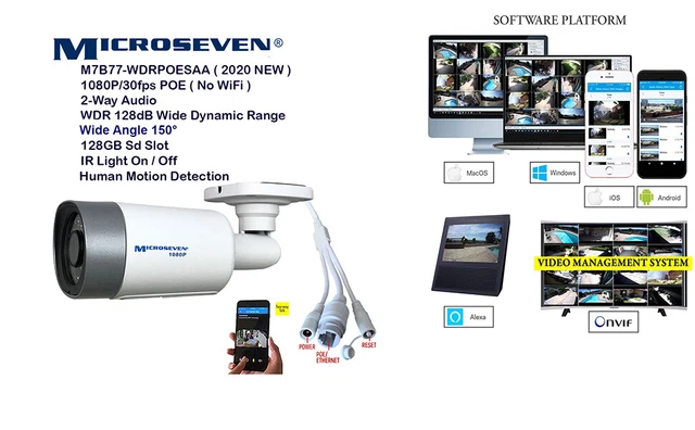 Microseven 1080P Sony CMOS PoE Cámara IP 2 Ranura SD de audio bidireccional Alexa True WDR