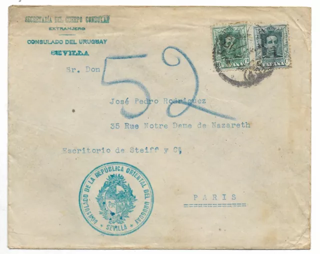 SPAIN to FRANCE Cover Uruguay Consular Cover circa 1915 VF