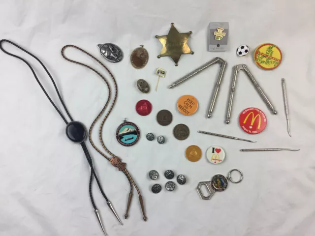 Junk Drawer Lot Bolo tie Nutcracker Keychain Norwegian Sweater Buttons AA Coin