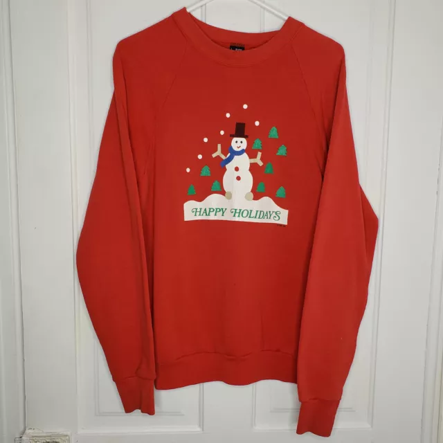 Ugly Christmas Sweater Vintage 80s Crewneck Sweatshirt Snowman Womens Large Red