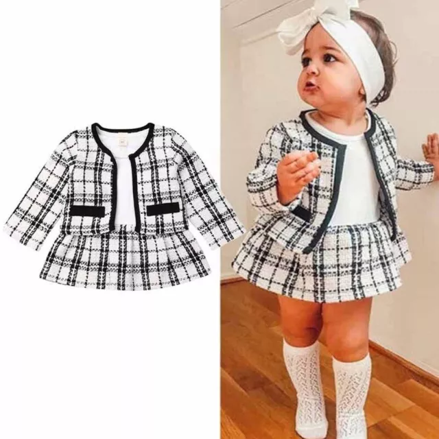 Baby Girl Lovely Clothes Set Long Sleeve Romper Tops Plaid Skirt  Outfit