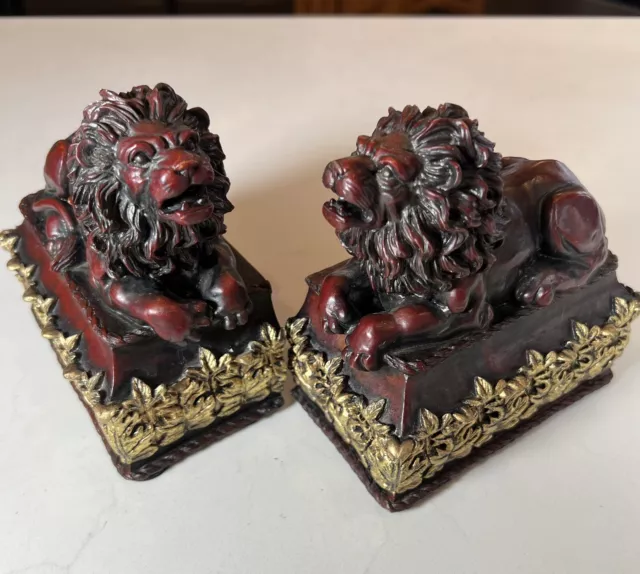 VTG  Bookends Heavy Carved Resin LION With Gold Painted Leaf Design CBK LTD,