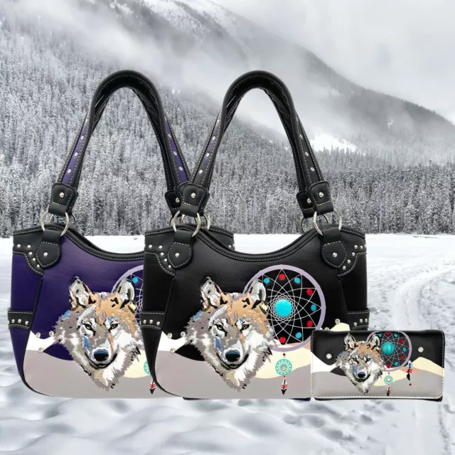 Wolf Dream Catcher Native Feather Embroidered Women CCW Handbag Purse Wallet Set