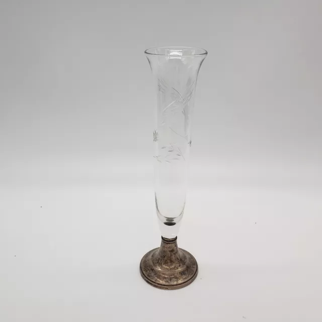 Vintage Gorham Etched Glass Bud Vase with Sterling Silver Cement Base 1716