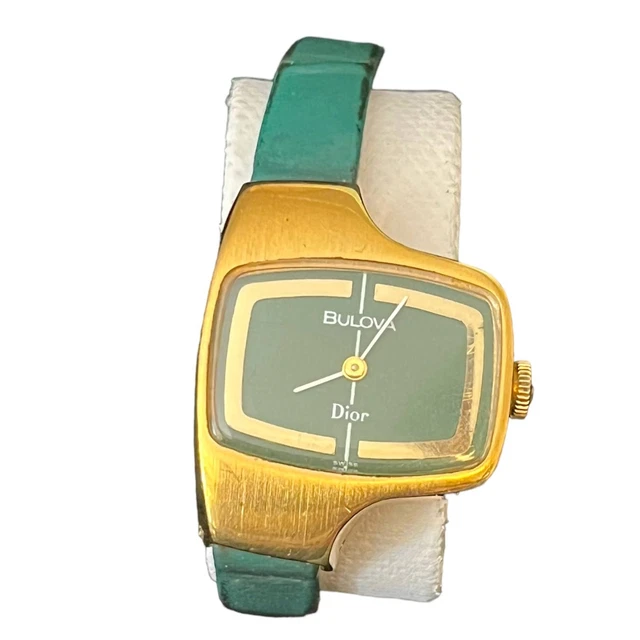 Christian Dior Bulova 14k Gold Plated Green Face Watch non working condition