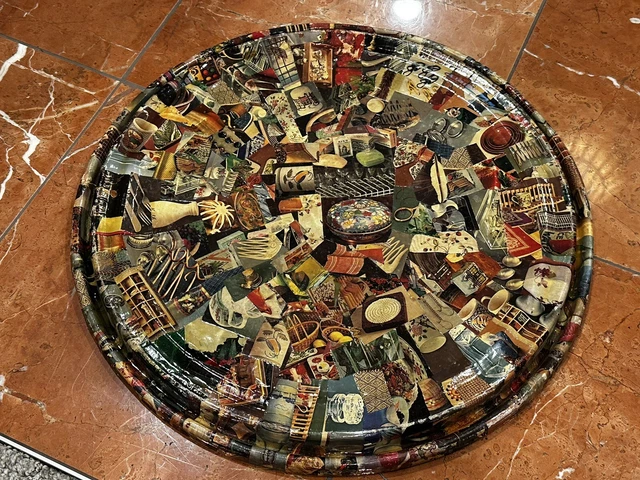 Folk Art Mcm 1960 1970S Decoupage 16" Round Tray Lid Vintage Handmade  Mod Retro