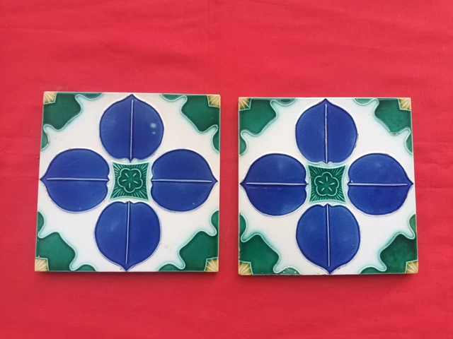 2 Pieces Old Art Flower Design Embossed Majolica Ceramic Tiles Japan 0238 2