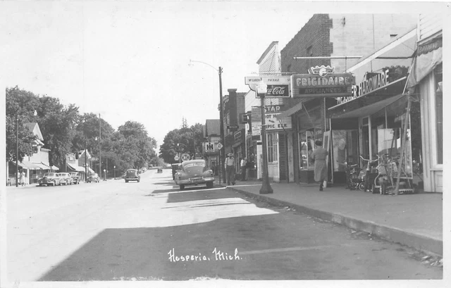 J61/ Hesperia Michigan RPPC Postcard c1940s Stores Main St Coca-Cola 262