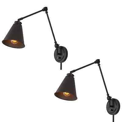 18" Vintage Industrial Swing Arm Wall Lamp-Plug In/Wall Mount+Cord Covers 2pack