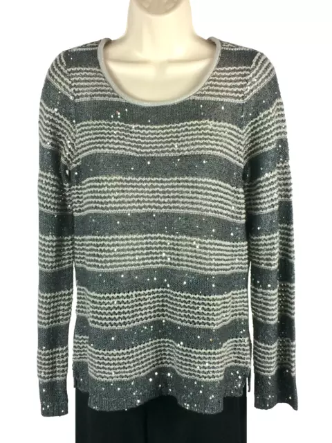 Womens Relativity Gray Striped Sweater Size L Large Silver Sequins Long Sleeve