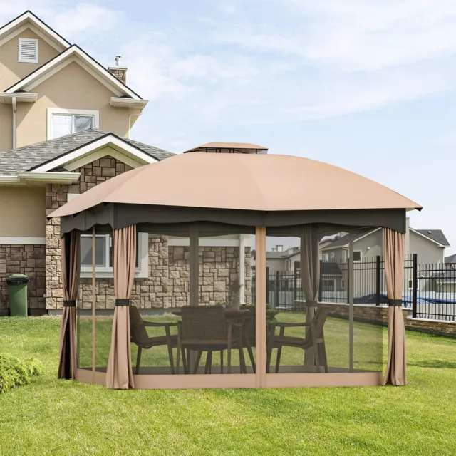 Outdoor 12' x 10' Brown Patio Canopy Double Vented Steel Gazebo with Mesh Screen