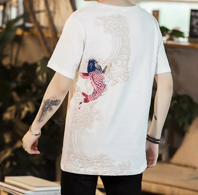 Uomo Cinese Pesce da Laghetto Koi T-Shirt Misto Cotone Manica Corta T-Shirt Top