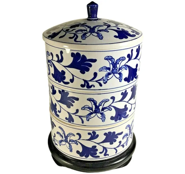 Chinese Blue And White Porcelain Stacking Food Boxes Vintage Wood Base Floral
