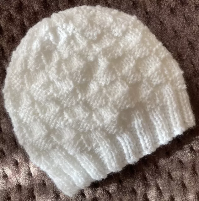 Newborn Baby Beanie/Hat. Extra Soft White. Hand-Knitted By Me. Cute Pattern