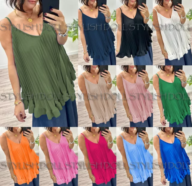 Womens Ladies Pleated Frill Strappy Cami Summer Oversized Swing Blouse Shirt Top