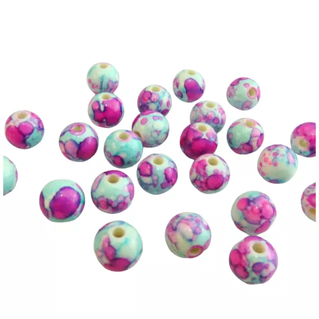 50PCS x 10MM FUCHSIA FLOWER PAINTED ACRYLIC ROUND BEADS FOR JEWELLERY MAKING