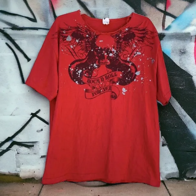 Rock N Roll Forever Distressed Red T-Shirt Sz XL Skull Wings Band Paint Splatter