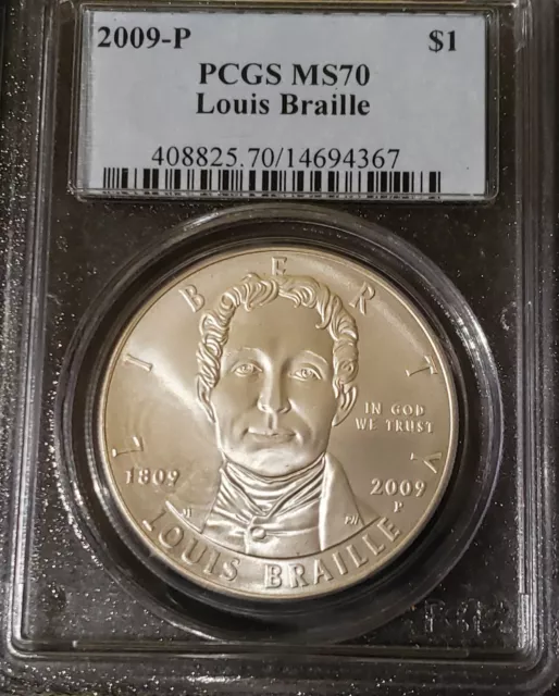 2009-P Louis Braille Silver Commemorative Dollar $1 PCGS MS70 GEM BU Silver Coin