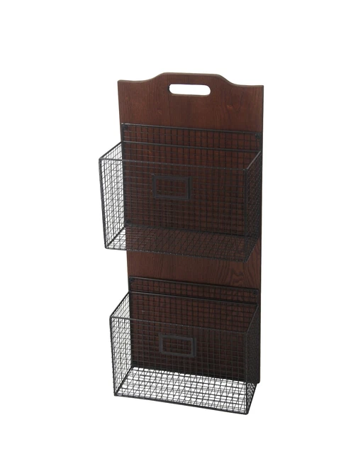 Metal and Wood 2 Basket Wall Rack Vintage Look